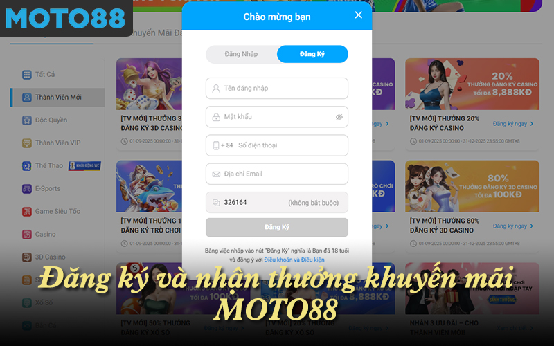 Đăng ký và nhận thưởng khuyến mãi MOTO88