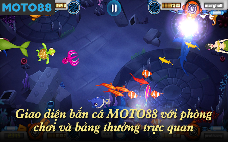 Giao diện bắn cá MOTO88 với phòng chơi và bảng thưởng trực quan