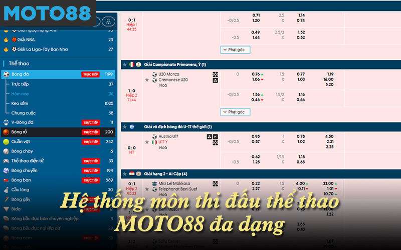 Hệ thống môn thi đấu thể thao MOTO88 đa dạng