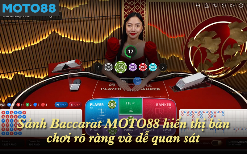 Sảnh Baccarat MOTO88 hiển thị bàn chơi rõ ràng và dễ quan sát