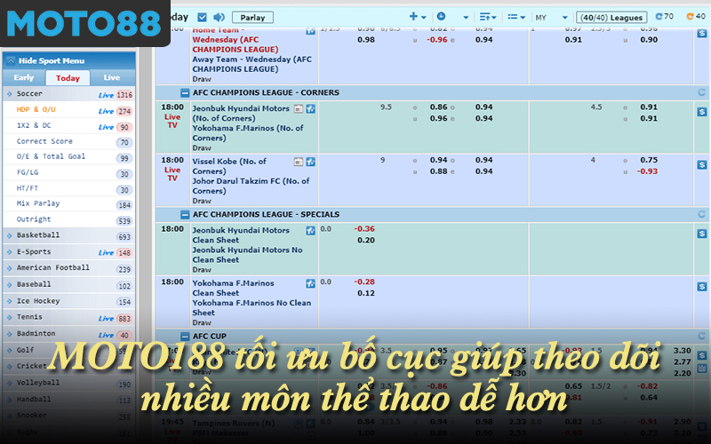 MOTO188 tối ưu bố cục giúp theo dõi nhiều môn thể thao dễ hơn